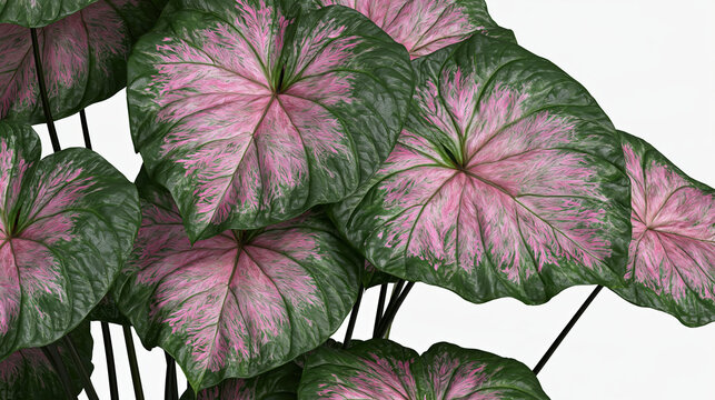 Lush tropical foliage plant with broad heart shaped leaves in pink and green, creating vibrant botanical pattern