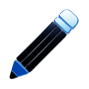 A glossy, three-dimensional of a graphite pencil with a blue eraser and a sharpened blue tip, rendered with a smooth, reflective surface against a solid black background, office stationery