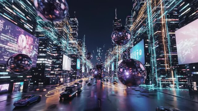 Futuristic Cityscape: A Stunning Display of Neon Lights and Floating Orbs Transforming the Urban Nightscape into a Vibrant Digital Oasis of Technology