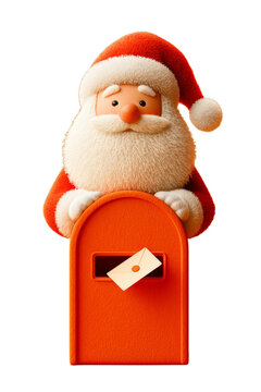 A cartoon Santa Claus is peeking out of a red mailbox with a Christmas letter on a transparent background.