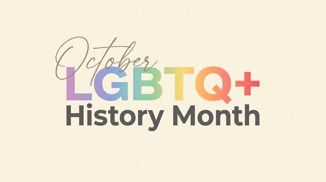 A minimal typographic banner design featuring rainbow colored lgbtq plus history month text against clean neutral beige background.