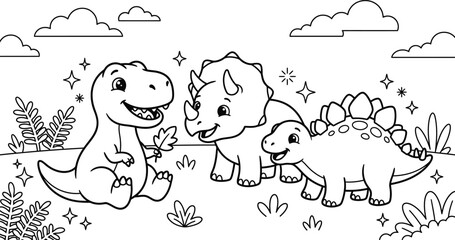 Cute Dinosaur Friends Coloring Page With Magical Stars Line Art © vc