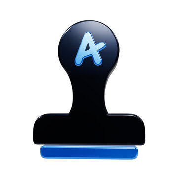 A3d rendered of a rubber stamp with a blue letter a on the handle and a blue rectangular base, featuring a glossy black finish and isolated on a solid black background, for clear viewing