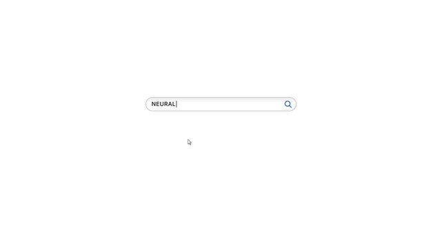 Animated search bar typing neural network query with cursor and magnifier icon on white, minimal web search interface, SEO and AI research screen loop