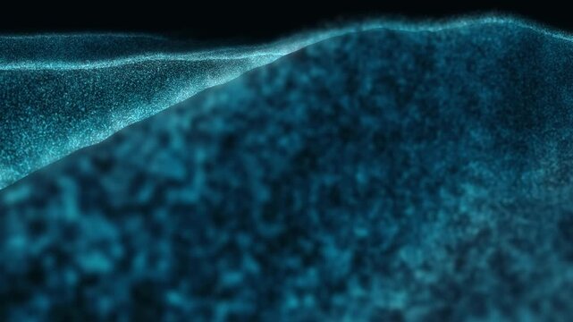 Animated camera flying over cyan particle dunes with glowing crests on black, abstract data landscape, big data terrain and technology background loop