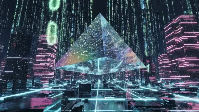 Futuristic Cyber Cityscape with Glowing Pyramids and Digital Rain: A Glimpse into an Ethereal Realm of Neon Light and Virtual Reality