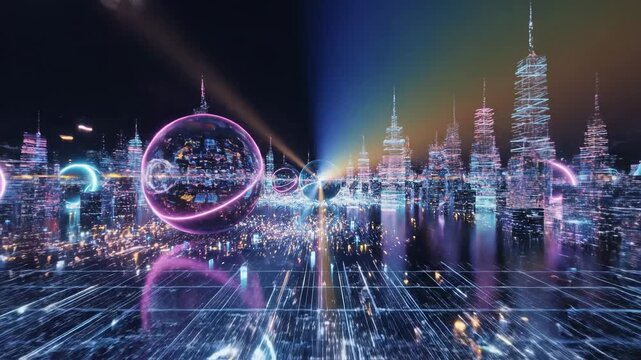 A Captivating Vision of a Futuristic Cityscape at Night, Featuring Vibrant Lights, Surreal Spheres, and Ethereal Reflections Captured in Stunning Digital Art.