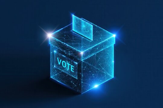 A glowing digital wireframe ballot box with vote text glowing in bright blue light against a dark background.