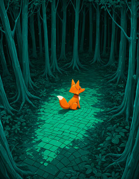 Paper fox in a paper forest, paper cutout illustration