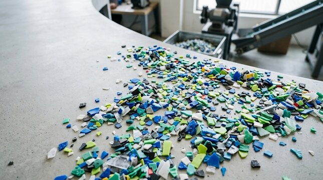 Scattered Recycled Plastic Flakes on a Surface, Representing Sustainable Material Processing and Reuse