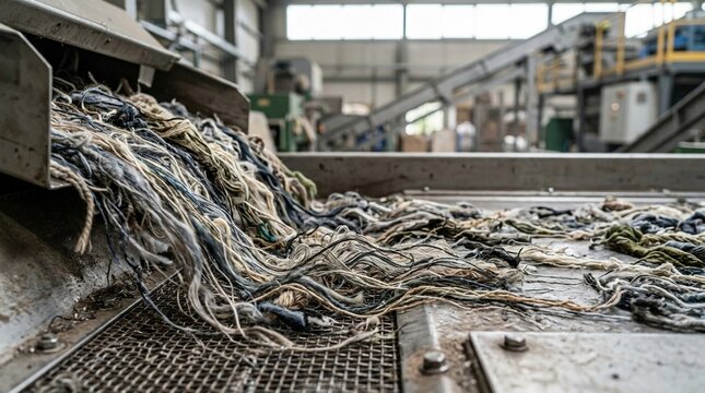 Shredded textile fibers flowing over industrial machinery in a recycling plant
