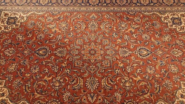 Oriental carpet with traditional floral ornament pattern. Red and beige vintage rug texture with medallion design.