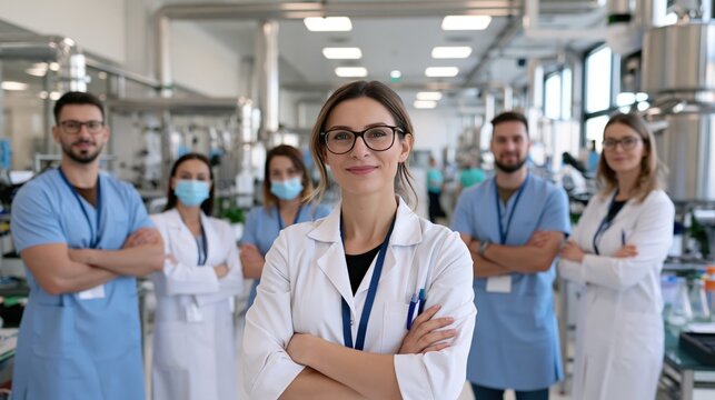 A team of scientists poses confidently in a modern laboratory.