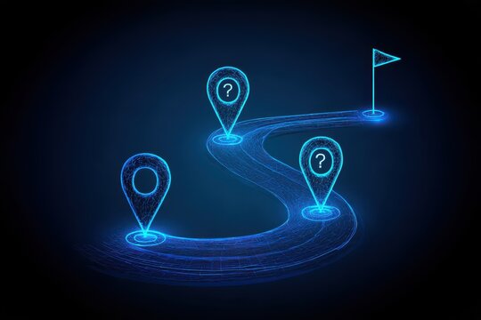 A glowing digital road with location pins and question marks leads to a finish flag against a dark background.