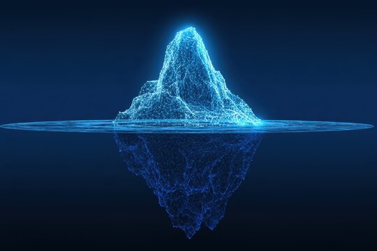 A glowing digital wireframe iceberg floating in dark blue water with light reflections.