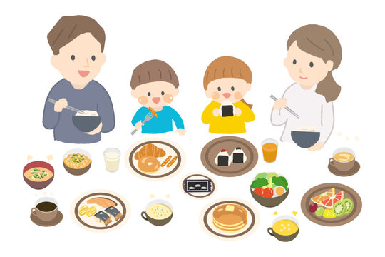 いろいろな朝食を楽しむ4人家族のイラスト