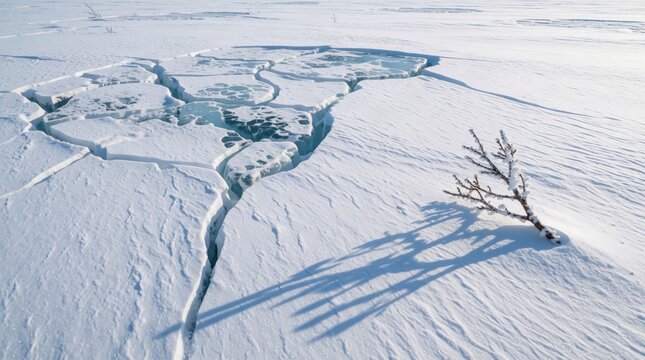 Arctic Ice Crack Pattern with Snow and Branch