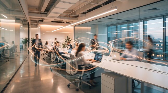 Abstract light trails flowing through a modern office workspace representing high speed communication and digital business efficiency