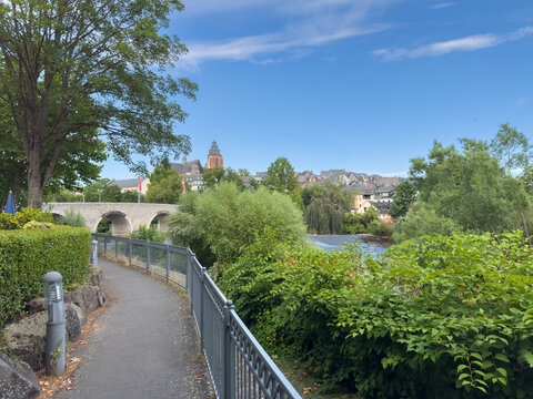 Historic Old Lahn Bridge with park  in Wetzlar Hesse Germany
