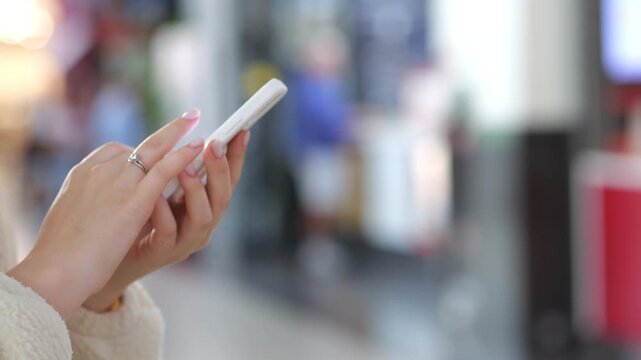 Close-up of hands holding a white smartphone. Background blurred, indoor setting. Fingers scrolling, wearing light-colored sweater. Ring visible on one finger