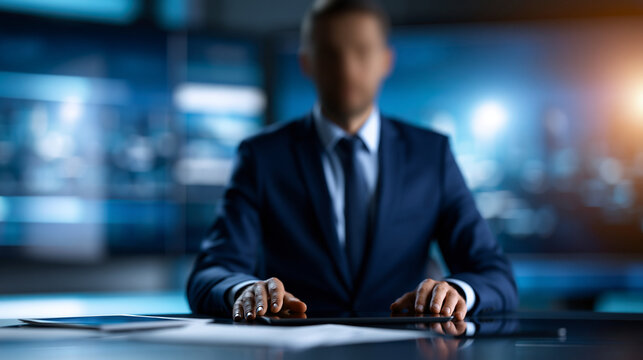 Split-screen TV news broadcast concept featuring a faceless anchorman reporting on a press freedom story, television program cable channel mock-up, with copy space