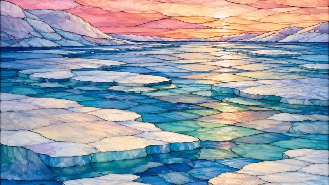 青と珊瑚色のステンドグラス風で描く海に浮かぶ氷