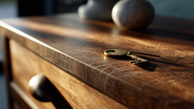 Brass key on rustic wood, hinting at hidden secrets and solutions