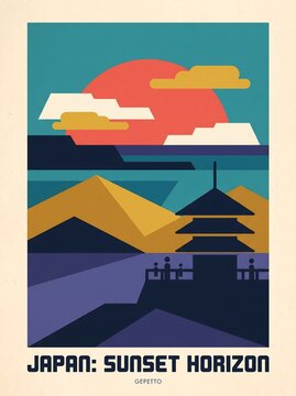 Retro Japan travel poster with torii gate, pagoda and train at sunset, tourism campaign concept