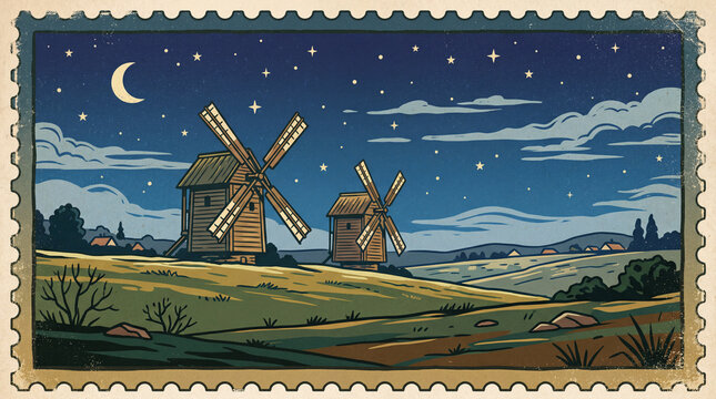 Travel Branding Wooden Windmills Starry Night Sky Stamp Border