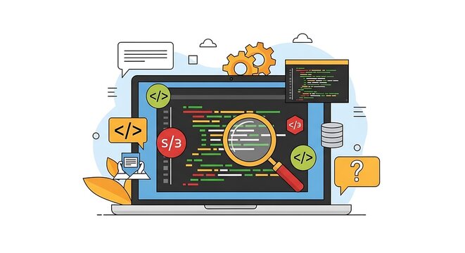 Software development illustration showing laptop with code debugging and web programming