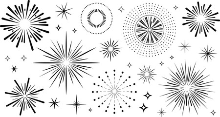 Obraz premium Black Firework Burst Icon Set, Hand Drawn Vector Collection of Sparkle Stars and Sunburst Shapes on White Background