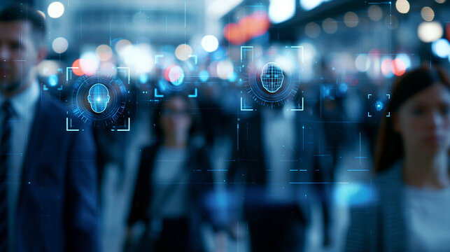 Faceless crowd of business people tracked with technology walking on busy megapolis city streets, AI facial recognition big data analysis interface scanning concept, fictional