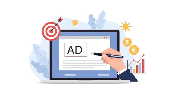 Creating Online Advertisement on Laptop with Target and Graph Vector Illustration