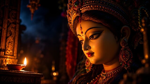 Goddess durga idol face with glowing diya lamp during durga puja festival