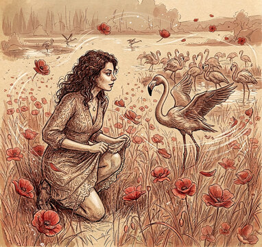 Illustrazione vintage di una donna in un campo di papaveri con fenicotteri 191038