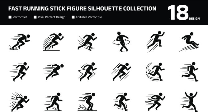 Fast Running Stick Figure Silhouette Collection with Speed Motion Lines and Athletic Symbols for Sports Graphic Design Projects