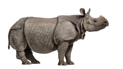 Indian rhinoceros with thick grey wrinkled skin, isolated on transparent background © creator