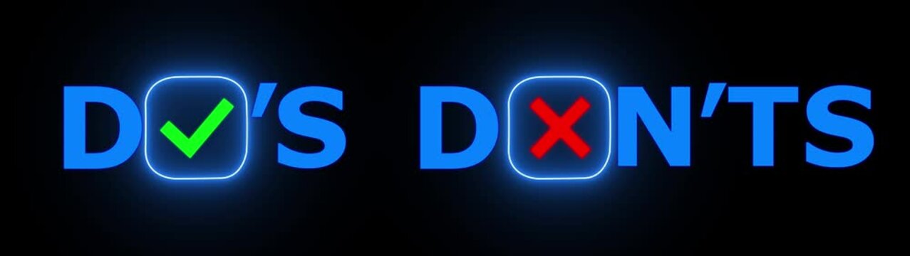 Do&rsquo;s and Don&rsquo;ts Concept with Glowing Green Checkmark and Red Cross Icons, Correct and Incorrect Rules, motion graphics Approval and Rejection Sign for Guidelines and Instructions..
