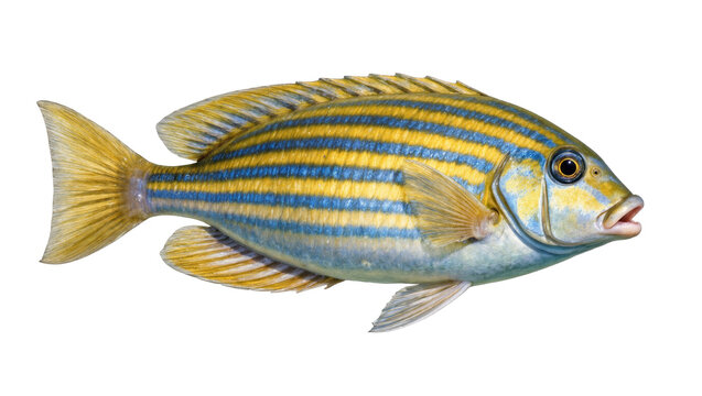 Striped yellow and blue fish with fins and tail, isolated on transparent background
