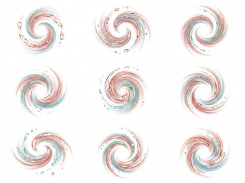 Nine abstract spiral designs in reddish-brown and teal, depicting swirling motion and fluid dynamics with splashes.