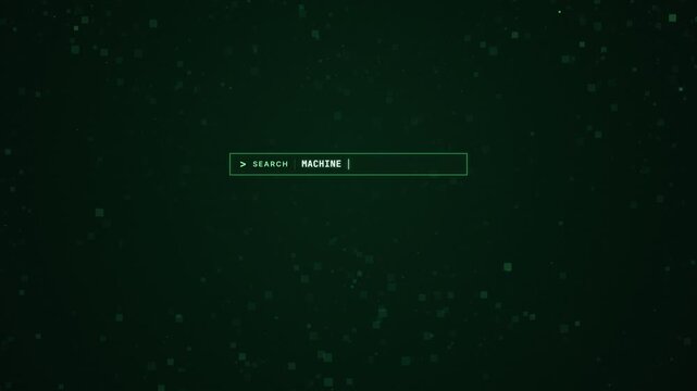 Animated terminal search bar typing machine learning query with result count on dark green, retro command line interface, hacking and data search loop