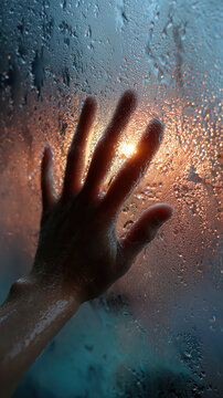 Hand on Steamy Window, Sunset Glow, Feeling Trapped and Longing