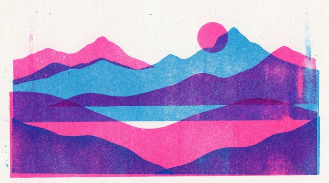 Contemporary risograph print style landscape illustration of layered mountains and a minimalist sun with duotone pink and blue colors