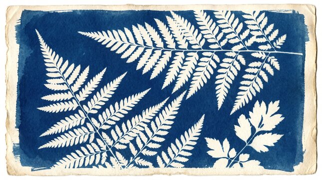 Authentic vintage cyanotype photogram print featuring white fern fronds and botanical leaves on deep Prussian blue paper