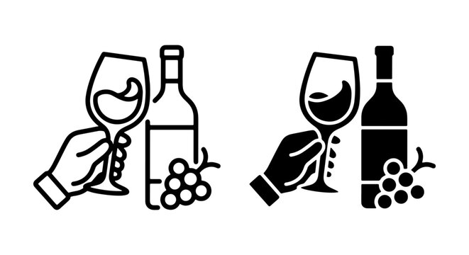 Wine Icons: Hand Holding Glass, Bottle, Grapes, Vector Set. Alcohol Beverage Symbols for Menus, Bars, Restaurants, Parties.