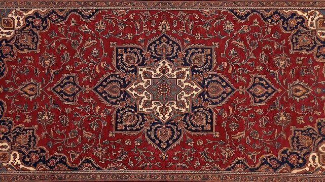 Traditional oriental carpet with ornate floral medallion pattern. Red vintage rug texture with Persian ornament and decorative border.