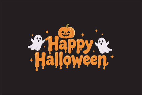 Happy Halloween typography lettering with pumpkin, ghosts, and stars in flat 2D style. Vector illustration for greeting card banner.