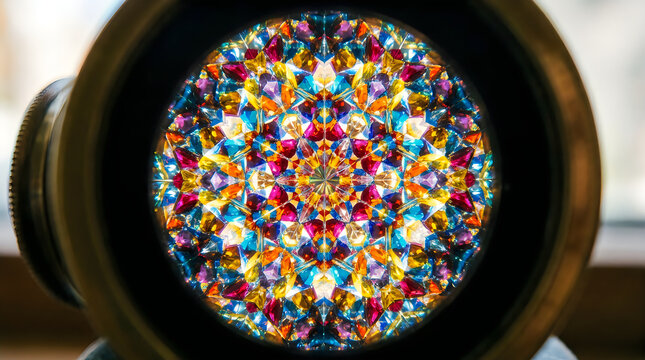 Kaleidoscope with colorful geometric patterns during daylight for creative concepts