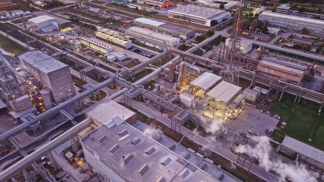 A large industrial facility is active in the evening. Buildings and pipes are visible, with lights illuminating parts of the site. Smoke is rising from various sections, showing ongoing operations.