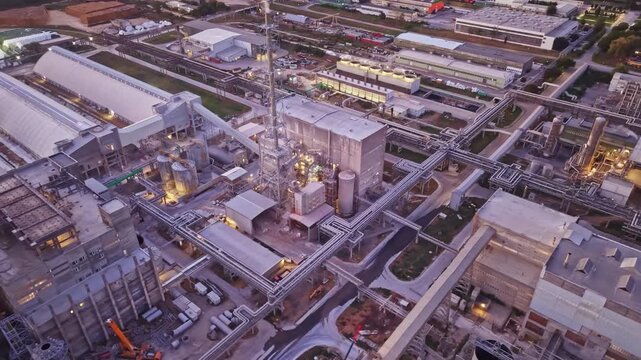Bright lights are visible at an industrial complex with many structures and extensive piping. The setting sun casts shadows over the layout in a rural area.